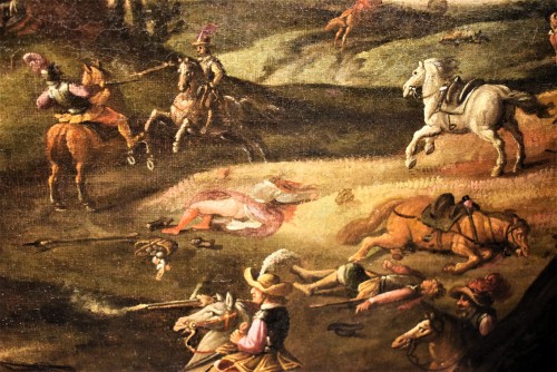 Antiquités - Assault on the village with clash between knights, 17th c. Flemish master